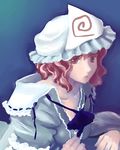  blue_ribbon hat japanese_clothes nanami_sano pink_eyes pink_hair ribbon ribbon-trimmed_collar ribbon_trim saigyouji_yuyuko short_hair solo touhou triangular_headpiece 