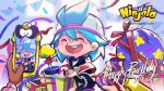  1boy 2girls aqua_background aqua_hair backwards_hat bag baseball_cap berecca birthday black_gloves black_hood black_hoodie bow box cellphone character_figure child chipped_tooth closed_eyes confetti copyright_name copyright_notice dark-skinned_female dark_skin emma_(ninjala) english_commentary english_text gift gift_bag gift_box gloves gungho happy_birthday hat holding holding_bag holding_gift hood hood_down hoodie kappei_(ninjala) logo long_sleeves marie_(ninjala) medium_hair multiple_girls ninjala nose_tape official_art open_mouth opened_present outline phone pink_bow pink_ribbon puffy_long_sleeves puffy_sleeves purple_outline red_bow red_sash rianti-wong ribbon sash second-party_source shuriken shuriken_print simple_background smartphone star_(symbol) star_print teeth upper_teeth_only weapon web_address white_hat yellow_sleeves 