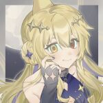  1girl bilibili_732354 blonde_hair chain clothing_cutout collar detached_sleeves dress fingernails full_moon hair_between_eyes hair_bun hair_ornament hand_on_own_cheek hand_on_own_face head_tilt heterochromia indie_virtual_youtuber kaofish long_hair looking_at_viewer metal_collar moon nail_polish patterned_background red_eyes sleeves_past_wrists smile star_(symbol) star_cutout star_hair_ornament yellow_eyes 