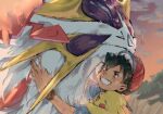  1boy affectionate akebwanwan ash_ketchum black_hair blue_shirt bracelet cloud commentary_request from_side grin happy hat hug jewelry male_focus outdoors pikachu pokemon pokemon_(anime) pokemon_(creature) pokemon_sm_(anime) red_hat rotom rotom_dex shirt short_hair sky smile solgaleo teeth twilight z-ring 