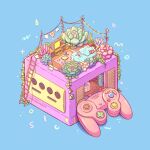  animal artist_name bed bedroom black_hair blue_background book cassette_player cat crt english_text evergreenqveen game_console gamecube gamecube_controller headphones isometric ladder lying open_book original pillow plant sleeping slippers solo string_lights succulent_plant 