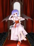  barefoot bat_wings blue_hair curtains headwear_removed mizoreya red_eyes remilia_scarlet sitting solo throne touhou wings 