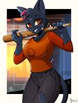anthro baseball_bat bat_(object) breasts brown_eyes clothed clothing domestic_cat ear_piercing felid feline felis female grin hair hi_res kainleaf looking_at_viewer mae_borowski mammal multicolored_hair night_in_the_woods piercing smile solo standing two_tone_hair