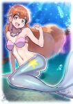  1girl :d air_bubble beads bikini brown_hair bubble collarbone commentary_request earrings eyelashes green_eyes hair_beads hair_ornament hand_up head_tilt highres jewelry long_hair mermaid mermaid_misty_(pokemon) misty_(pokemon) monster_girl navel necklace open_mouth pokemon pokemon_(anime) pokemon_(classic_anime) shell shell_bikini signature smile solo swimsuit teeth tongue underwater upper_teeth_only yasu_suupatenin 
