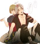  1boy 1girl alternate_hairstyle arrow_(symbol) black_pants black_shirt blonde_hair blue_kimono bow breasts collarbone commentary commentary_request fishnet_thighhighs fishnets gintama grey_hair hair_bow hand_on_another&#039;s_knee highres holding holding_smoking_pipe japanese_clothes kimono kiseru leaf_print mo_mo_rice open_clothes open_mouth open_shirt pants red_sash sakata_gintoki sash scar scar_on_cheek scar_on_face shirt short_hair short_sleeves sitting sleeveless sleeveless_kimono smoking_pipe speech_bubble sweat thighhighs topknot tsukuyo_(gintama) white_background 