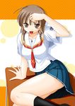  blush braid brown_eyes hair_over_shoulder keito kibina_high_school_uniform kimi_kiss mizusawa_mao school_uniform serafuku sitting skirt socks solo twin_braids 