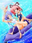  2girls artist_request blush copyright_request food ice_cream multiple_girls one-piece_swimsuit one_eye_closed popsicle swimsuit water watermelon_bar 