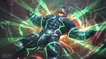 2025 abs ankle_cuffs anthro artist_logo biceps black_bodysuit black_clothing black_skinsuit bodysuit bulge cable canid canine canis claws clothing cuff_(restraint) detailed_bulge finger_claws fur glowing glowing_eyes glowing_mouth green_inner_mouth grey_body grey_fur handcuffed handcuffs hi_res lifewonders live_a_hero logo machine_bondage male mammal metal_cuffs metal_jaw metal_mask monomasa muscular muscular_anthro muscular_male nipple_outline pawpads pecs red_sclera restraints skinsuit solo tail takahirosi tight_clothing twitter_handle vein veiny_muscles wolf