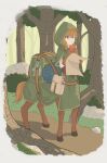  1girl absurdres animal_ears apple bag braid brown_eyes brown_gloves brown_hair centaur cloak closed_mouth commentary_request dress eating elbow_gloves food forest fruit full_body gloves green_cloak green_dress hair_between_eyes hair_over_shoulder highres holding holding_food holding_fruit holding_paper hood hood_up hooded_cloak horse_ears horse_tail long_hair monster_girl multiple_legs nature original outdoors paper pointy_ears rock shadow shoulder_bag sidelocks single_braid solo standing tail taur tree wu_he_you_own 