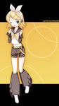  :d belt blonde_hair blue_eyes bow circle detached_sleeves headphones headset kagamine_rin leg_warmers one_eye_closed onion_(lemlaml) open_mouth pinching_sleeves shirt shoes shorts sleeveless sleeveless_shirt smile solo vocaloid 