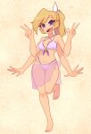  1girl :d absurdres bare_shoulders barefoot bikini blonde_hair blue_eyes breasts collarbone commentary double_v english_commentary extra_arms fangs full_body highres looking_at_viewer navel nelly_(xyronii) open_mouth original ponytail purple_bikini purple_sarong sarong smile solo standing standing_on_one_leg swimsuit v xyronii yellow_background 