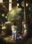  arm_support chain clock frills gears green_eyes green_hair hair_bobbles hair_ornament hourglass indoors original signature sitting solo wason window 