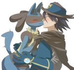 2025 3_fingers 5_fingers absurd_res ambiguous_anthro ambiguous_gender anthro bamto_(pixiv) biped black_body black_cape black_clothing black_eyebrows black_fur black_hair black_inner_ear blue_body blue_clothing blue_ears blue_fur blue_gloves blue_handwear blue_hat blue_headwear blue_shirt blue_tail blue_topwear blush blush_lines bodily_fluids canid cape clothed clothed_human clothed_male clothing clothing_grab duo eyebrows eyes_closed fingers fur generation_4_pokemon gloves grey_clothing grey_eyes grey_hat grey_headwear grey_shirt grey_topwear hair hand_spike handwear hat headgear headwear hi_res human human_on_anthro interspecies kiss_on_lips kissing leaning leaning_forward looking_at_another looking_at_partner lucario male male/ambiguous male_(lore) male_human mammal mouth_closed multicolored_body multicolored_clothing multicolored_fur multicolored_hat multicolored_shirt multicolored_topwear nintendo nude nude_ambiguous nude_anthro pokemon pokemon_(species) pokephilia pupils riley_(pokemon) shirt short_hair simple_background snout spikes spikes_(anatomy) standing surprise_kiss sweat sweaty_face tail tan_body tan_fur topwear two_tone_clothing two_tone_shirt two_tone_topwear white_background yellow_clothing yellow_hat yellow_headwear