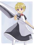  blonde_hair flandre kaibutsu_oujo lance maid pantyhose polearm purple_eyes short_hair solo takano_natsuki weapon 