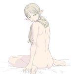  ass back barefoot blonde_hair cozy elf expressionless feet green_eyes long_hair looking_back nude original pointy_ears ponytail sitting sketch solo wariza 