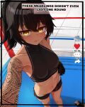  1girl armpits bare_shoulders black_gloves black_hair blush boxing_ring breasts brown_eyes collarbone crop_top fingerless_gloves from_above gloves highres long_hair looking_at_viewer maria_(mockingeu) mockingeu navel original panties ponytail selfie shorts small_breasts social_network solo sports_bra sportswear standing stomach tattoo tongue tongue_out underwear viewfinder white_panties 