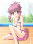  artist_request bikini blush breasts chikage_(sister_princess) pink_hair pink_sarong pool purple_eyes purple_hair sarong sister_princess small_breasts solo swimsuit twintails undressing wardrobe_malfunction 