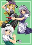  apron between_fingers blonde_hair blue_dress blush broom broom_riding brown_eyes dress frills green_background green_dress hat izayoi_sakuya katana kirisame_marisa knife konpaku_youmu looking_at_viewer maid_headdress mirato multiple_girls puffy_short_sleeves puffy_sleeves sheath sheathed short_sleeves silver_hair simple_background sword touhou waist_apron weapon witch_hat 