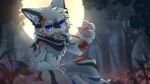16:9 2024 4_fingers anthro bandage biped bite biting_bandage black_markings blood blood_on_arm blood_on_body blood_on_face blue_eyes blue_markings blurred_background bodily_fluids canid canine canis chest_tuft claws digital_drawing_(artwork) digital_media_(artwork) fangs fingers fluffy fluffy_tail forest forest_background full_moon fur grass grey_body grey_fur hi_res hlg7777 inner_ear_fluff kemono kerchief light looking_at_viewer male mammal markings maxliu moon moonlight multicolored_body multicolored_fur nature nature_background neck_tuft neckerchief neckwear night open_mouth outside pawpads paws plant shaded sitting sitting_on_ground solo tail teeth tree tuft wallpaper white_body white_fur widescreen wolf wounded