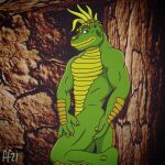 2021 anthro bent_leg claws closed_smile digital_drawing_(artwork) digital_media_(artwork) dinosaur dinosaurs_(series) fabfelipe finger_claws green_body green_eyes green_scales hi_res hypsilophodon male mouth_closed multicolored_body multicolored_scales muscular muscular_anthro muscular_male nude_anthro nude_male ornithischian pinup pose prehistoric_species reptile robbie_sinclair scales scalie smile solo tail yellow_body yellow_scales