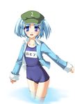  blue_eyes blue_hair hat kawashiro_nitori name_tag no_pants one-piece_swimsuit open_clothes open_shirt school_swimsuit shirt solo swimsuit swimsuit_under_clothes totokichi touhou two_side_up wading water 