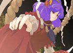  foreshortening hair_ornament hands hands_on_own_knees leaf_hair_ornament nanami_sano rope shimenawa solo touhou yasaka_kanako 