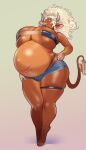 absurd_res anthro big_breasts blue_eyes bottomwear bovid bovine breasts brown_body cattle clothed clothing cloven_hooves female fingers full-length_portrait hair hi_res hooves horn hotpants huge_breasts legband looking_at_viewer mammal odisia portrait pregnant pregnant_anthro pregnant_female shorts skimpy solo standing tail tattoo thick_thighs thighband white_hair womb_tattoo