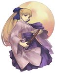  alternate_costume ar_tonelico ar_tonelico_ii blonde_hair bow chroche_latel_pastalie hair_bow hakama highres japanese_clothes katana long_hair meiji_schoolgirl_uniform moon nagi_ryou official_art ponytail purple_eyes purple_hakama smile solo sword weapon yagasuri 