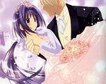  1girl artbook blush bow bride couple dress elbow_gloves formal gloves hair_bow hair_ornament hetero kishou_seireiki nanase_aoi pink_wedding_dress seven_colors_of_the_wind suit wedding wedding_dress 