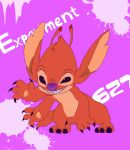 2022 3_toes 4_fingers alien ambiguous_gender antennae_(anatomy) anthro basking_in_the_sun biped black_claws character_name claws dipstick_antennae disney english_text experiment_(lilo_and_stitch) experiment_627 feet fingers fur grin head_tuft hi_res lilo_and_stitch male_(lore) multi_arm multi_limb multicolored_antennae notched_ear purple_background purple_eyes purple_nose red_body red_fur sharp_teeth simple_background smile solo teeth text toes tuft