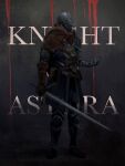  1boy armor brown_gloves capelet chinese_commentary commentary_request dark_souls_(series) dark_souls_i english_text full_armor full_body fur_capelet gloves grey_background hand_up highres holding holding_sword holding_weapon knight_of_astora_oscar male_focus single_glove solo standing sword tworain_w weapon 