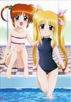  bandeau bikini black_school_swimsuit blonde_hair blush brown_hair checkered checkered_floor covered_navel fate_testarossa highres indoors long_hair lyrical_nanoha mahou_shoujo_lyrical_nanoha multiple_girls okuda_yasuhiro one-piece_swimsuit open_mouth pool poolside purple_eyes red_eyes ribbon school_swimsuit short_hair swimsuit takamachi_nanoha twintails white_bikini 