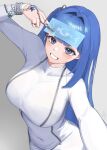  1girl absurdres arcana_(nikke) blue_eyes blue_hair card covered_navel dress finger_claws full-length_zipper goddess_of_victory:_nikke grey_background highres nightgown sagle simple_background smile tarot tarot_card tight_clothes tight_dress white_nightgown zipper zipper_dress 