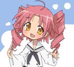  black_bow blue_sky blush bow buttons chibi drill_hair frills kogami_akira lucky_star pink_hair sky smile solo teperyndroors yellow_eyes 