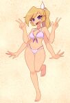  1girl :d absurdres bare_shoulders barefoot bikini blonde_hair blue_eyes breasts collarbone commentary double_v english_commentary extra_arms fangs full_body highres looking_at_viewer navel nelly_(xyronii) open_mouth original ponytail purple_bikini smile solo standing standing_on_one_leg swimsuit v xyronii yellow_background 