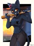 anthro areola baseball_bat bat_(object) bottomwear breasts clothed clothing domestic_cat felid feline felis female grin hi_res kainleaf mae_borowski mammal night_in_the_woods nipple_tape pants pasties smile solo standing tape topless topless_female