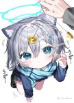  1girl 1other :&lt; amanatsu_uni animal_ear_fluff animal_ears black_jacket black_shoes black_skirt blue_archive blue_eyes blue_jacket blue_scarf blush cross_hair_ornament grey_hair hair_ornament highres holding holding_pendulum jacket kneeling looking_at_viewer paw_pose pendulum plaid_clothes plaid_skirt scarf shiroko_(blue_archive) shoes skirt sweatdrop wolf_ears wolf_girl 