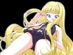  armpits bangs bare_shoulders black_swimsuit blonde_hair blue_eyes blunt_bangs blush evangeline_a_k_mcdowell flat_chest from_below gambler_club hand_on_hip long_hair looking_at_viewer looking_down mahou_sensei_negima! one-piece_swimsuit smile solo standing swimsuit very_long_hair 