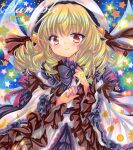  1girl black_bow blonde_hair blue_background blush bow closed_mouth commentary_request dress drill_hair embellished_costume fairy_wings frilled_sleeves frills hat long_hair long_sleeves looking_at_viewer luna_child marker_(medium) rui_(sugar3) sample_watermark smile solo star_(symbol) touhou traditional_media upper_body watermark white_dress white_hat wide_sleeves wings yellow_eyes 