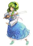  bangs binayu blue_skirt blush contrapposto detached_sleeves frog_hair_ornament full_body gohei green_footwear green_hair hair_ornament hair_tubes kochiya_sanae looking_at_viewer shoes simple_background skirt smile snake_hair_ornament solo standing touhou vest wide_sleeves yellow_eyes 