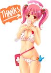  akamaru bikini breasts candy cowboy_shot food food_print food_themed_clothes food_themed_hair_ornament fruit hair_ornament lollipop looking_at_viewer lowres medium_breasts milk_(pop'n_music) mouth_hold pink_hair pop'n_music print_bikini red_eyes simple_background solo strawberry strawberry_hair_ornament strawberry_print swimsuit swirl_lollipop thigh_gap twintails white_background 