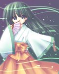  artist_request black_hair blue_eyes closed_fan copyright_request covering_mouth dual_wielding fan folding_fan hakama holding japanese_clothes long_hair miko orange_hakama solo sparkle wind 