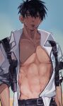  1boy abs bare_pectorals belt belt_buckle black_belt black_hair black_pants buckle cigarette collarbone collared_shirt facial_hair goatee grey_eyes gun handgun highres holster holstered male_focus muscular muscular_male navel nicholas_d._wolfwood nipples open_clothes open_shirt oxalicacid23 pants pectorals shirt short_hair shoulder_holster smoking solo sweat trigun very_sweaty weapon white_shirt 