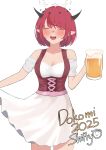  1girl absurdres alcohol artist_name bare_shoulders beer beer_mug black_horns blush breasts cleavage cowboy_shot cup dirndl double_halo dress fang german_clothes halo highres hololive hololive_english horns irys_(hololive) medium_breasts mug multicolored_hair open_mouth pointy_ears purple_hair red_hair shift_(shiftillust) simple_background skin_fang smile solo star_halo streaked_hair two-tone_hair virtual_youtuber white_background white_dress 
