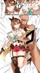  absurdres angry atelier_(series) atelier_ryza atelier_ryza_2 ball_busting bdsm bow breasts brown_eyes brown_hair cbt cleavage clothed_female_nude_male crotch_kick grabbing_another&#039;s_breast grabbing_from_behind groping hat hat_bow highres jacket large_breasts nude reisalin_stout shirt surprised translation_request watarase_piro white_shirt yellow_jacket 
