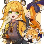  1girl animal_ear_fluff animal_ears black_gloves blonde_hair brown_skirt chibi collared_shirt fingerless_gloves gloves green_eyes highres jacket ju_fufu kou00197 looking_at_viewer open_clothes open_jacket orange_fur shirt skirt smile striped_fur striped_hair tail tail_ornament tiger_ears tiger_girl tiger_tail upper_body yellow_jacket zenless_zone_zero 