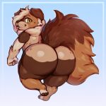 ambiguous_gender anthro arm_tuft big_butt bitfly brown_body brown_eyes brown_fur brown_nose brown_toes butt canid canine canis domestic_dog fist fur gaia_(deadzgaia) hair hi_res looking_back mammal markings multicolored_body multicolored_fur multicolored_tail neck_tuft on_one_leg rear_view signature simple_background solo spots spotted_markings standing tail thick_thighs tongue tongue_out tuft wide_hips