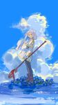  1girl absurdres black_pantyhose blue_eyes blue_flower blue_sky boots brown_boots capelet closed_mouth cloud cumulonimbus_cloud day elf flower frieren full_body hashtag-only_commentary highres holding holding_staff kurattes long_hair long_sleeves looking_at_viewer outdoors pantyhose pointy_ears shirt skirt sky solo sousou_no_frieren staff standing striped_clothes striped_shirt water white_capelet white_hair white_skirt 