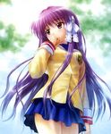  clannad fujibayashi_kyou goto_p hikarizaka_private_high_school_uniform long_hair purple_eyes purple_hair school_uniform solo very_long_hair 