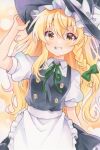  1girl apron artist_name black_skirt black_vest blonde_hair blush bow braid collared_shirt commentary green_bow green_ribbon grin hair_bow hand_on_headwear hashtag-only_commentary hat hat_bow highres kirisame_marisa long_hair looking_at_viewer neck_ribbon puffy_short_sleeves puffy_sleeves ribbon shirt short_sleeves side_braid single_braid skirt smile solo touhou very_long_hair vest waist_apron watermark white_apron white_bow white_shirt witch_hat yuiki_(cube) 